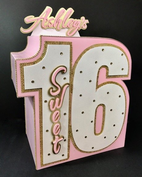 sweet 16 gift card box in pink and gold