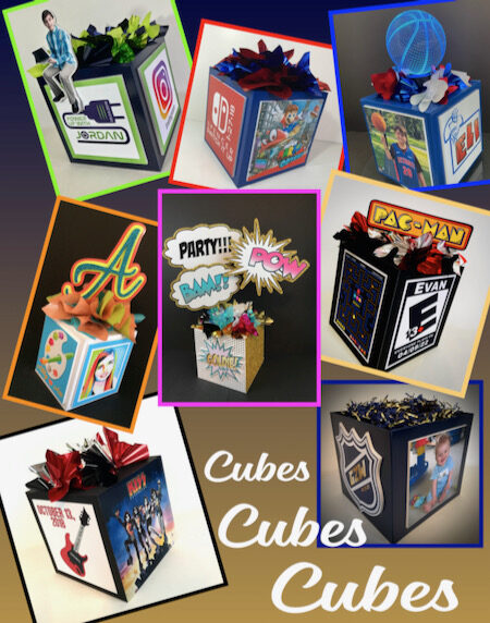 Themed foamcore party cubes for table centerpieces with photos and logos